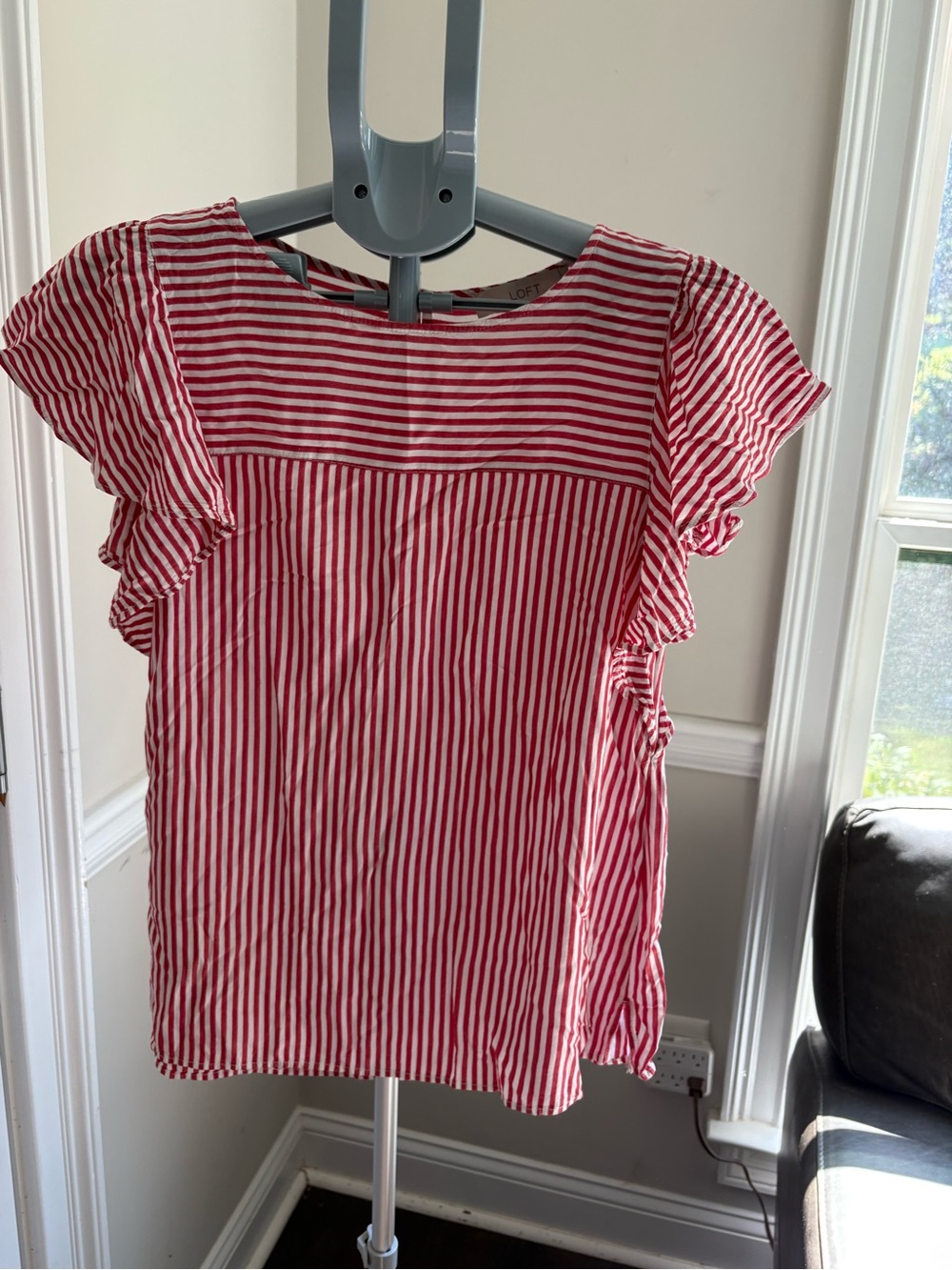 LOFT Red and White Striped Flutter-Sleeve Top